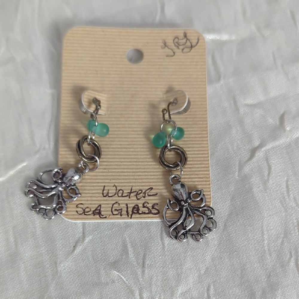 Silver Octopus Earrings with Sea Green Glass